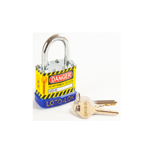 Laminated Steel Safety Lockout Padlock, Steel Body, REGULAR Shackle, with BLUE color Bumper. 2PTPSBKDS24