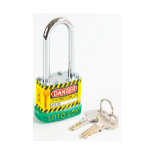 Laminated Steel Safety Lockout Padlock, Steel Body, REGULAR Shackle, with GREEN color Bumper. 2PTPSGKDL47