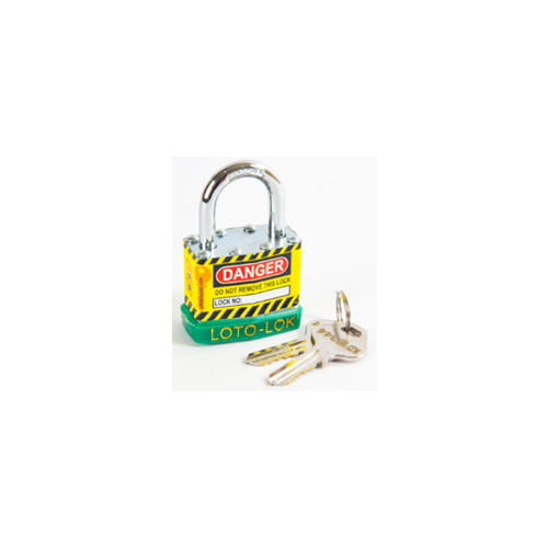 Laminated Steel Safety Lockout Padlock, Steel Body, REGULAR Shackle, with GREEN color Bumper. 2PTPSGKDS24
