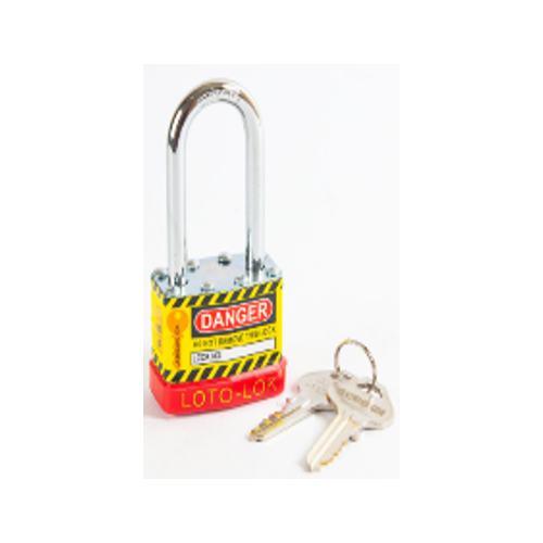 Laminated Steel Safety Lockout Padlock, Steel Body, REGULAR Shackle, with RED color Bumper. 2PTPSRKDL47