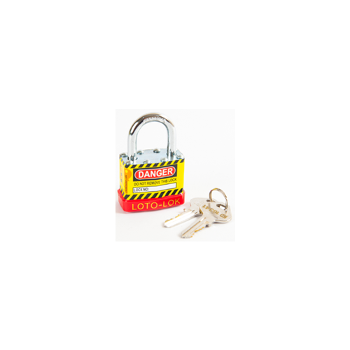 Laminated Steel Safety Lockout Padlock, Steel Body, REGULAR Shackle, with RED color Bumper. 2PTPSRKDS24