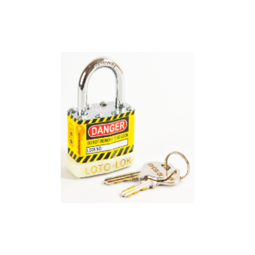 Laminated Steel Safety Lockout Padlock, Steel Body, REGULAR Shackle, with WHITE color Bumper. 2PTPSWKDS24