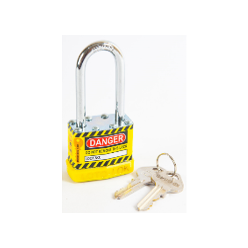 Laminated Steel Safety Lockout Padlock, Steel Body, REGULAR Shackle, with YELLOW color Bumper. 2PTPSYKDL47