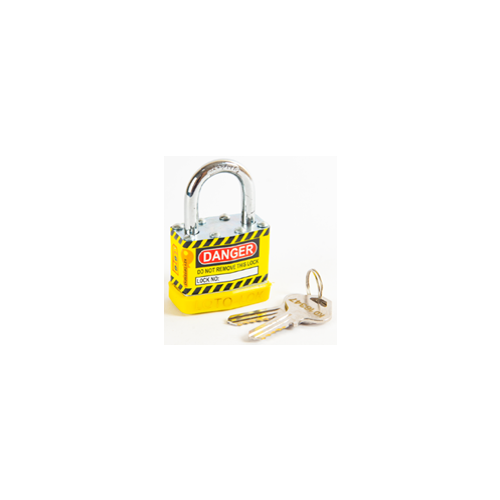 Laminated Steel Safety Lockout Padlock, Steel Body, REGULAR Shackle, with YELLOW color Bumper. 2PTPSYKDS24