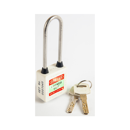 3-PTP (Three Point Traceability Padlock).</br> 
Color: WHITE. Stainless Steel (SS304 Grade) LONG Shackle. 3PTPWKDL80