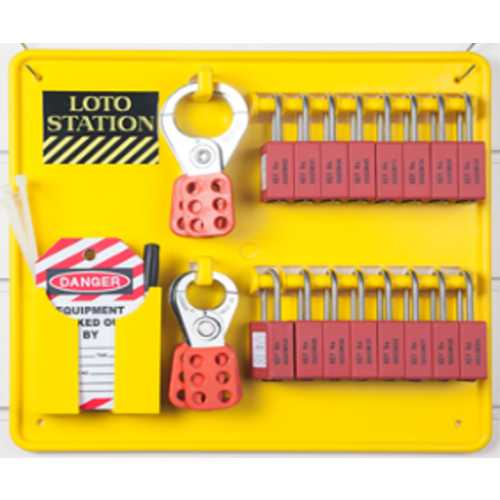 Lockout Station - 16 Padlocks + 10 Tags + 
Cable Ties + Marker Pen + 2 Hasps LS‐16L‐1P‐Y‐CS