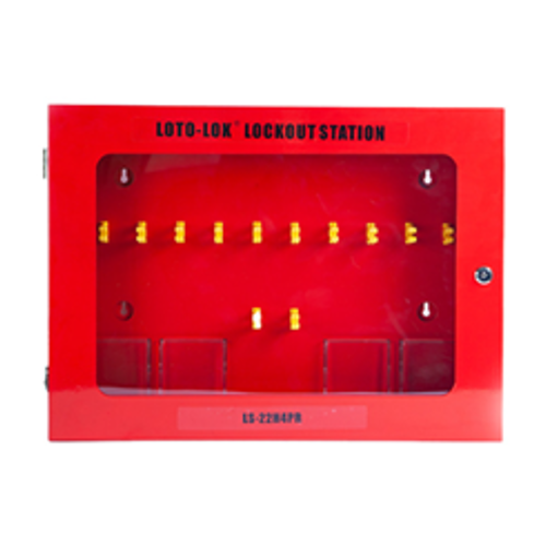 Lockout Station - Heavy duty Steel & powder coated Red color with clear Acrylic Fascia. 
20 Padlocks + 2 Hasps + 4 Tag Pockets capacity. LS-22H4PR