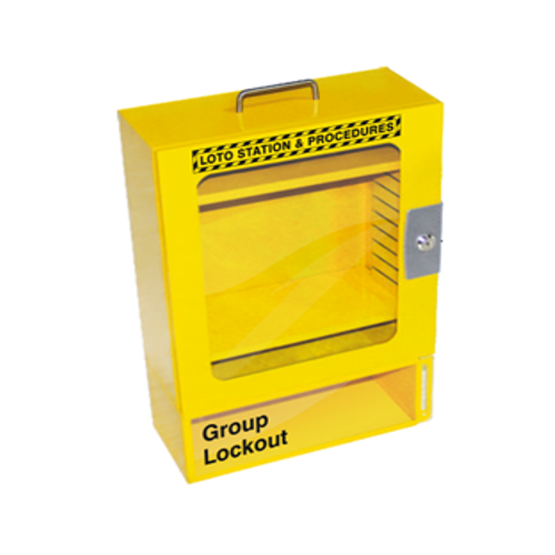 Lockout Station - Clear Fascia with 2 adjustable shelves and Group Lock Box. 
Powder Coated Stee LS‐6CF-GLBY