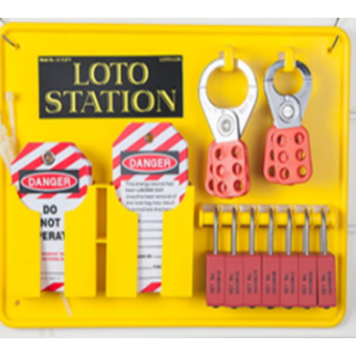 Lockout Station - 7 Padlocks + 20 Tags + 
Cable Ties + Marker Pen + 2 Hasps. LS‐7L2P‐Y‐CS
