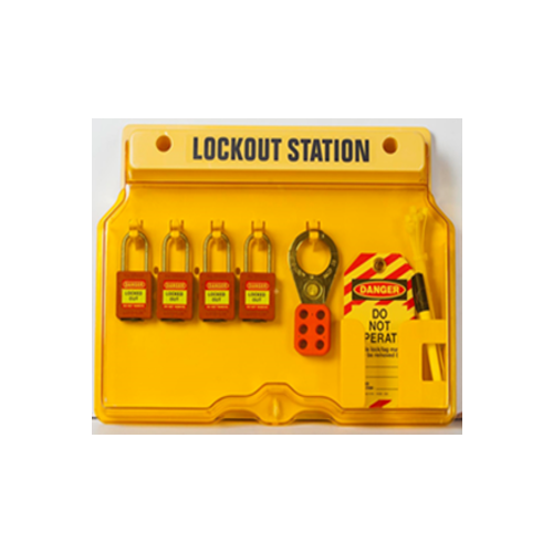 Lockout Station - Polycarbonate w/cover.
4 Red Padlocks + 1 Hasp + 10 Tags + Cable Ties 
+ Marker pen.
Lockable cover. LS-MST04-CS
