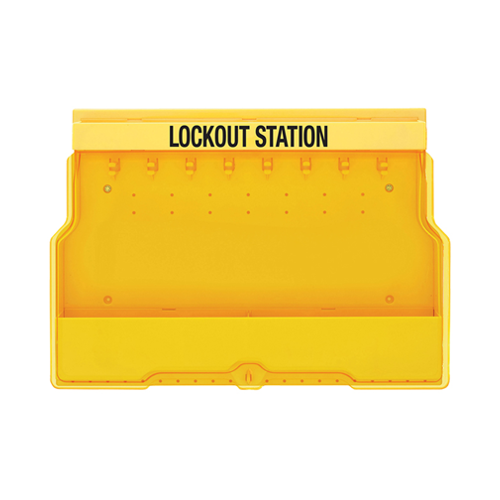 Lockout Station - Polycarbonate w/cover.
8 Padlock Hooks + bottom shelf to store Lockout / Tagout products LS-MST08P-EB