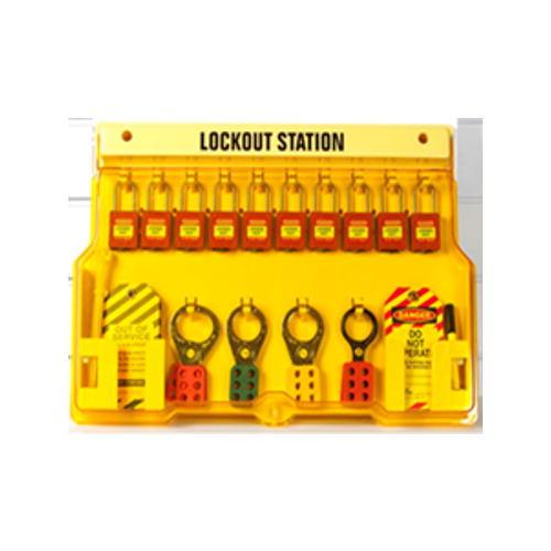 Lockout Station - Polycarbonate w/cover.
10 Red Padlocks + 4 Hasps + 20 Tags + 
Cable Ties + Marker Pen.
Lockable cover LS-MST10-CS