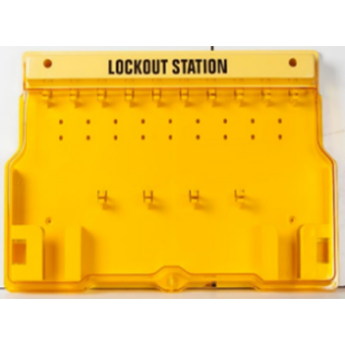 Lockout Station - Polycarbonate w/cover. Capacity: 10 Padlocks Hooks + 4 Hasp Hooks +
2 Tag Pockets for tags + Marker Pen + 
Cable Ties. 
Lockable cover LS-MST10-EB