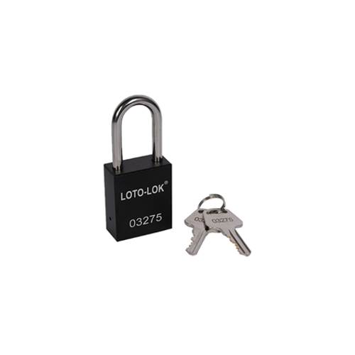 ALUMINIUM SAFETY PADLOCK with REGULAR Shackle. 
Color: BLACK. PD-ALBKKDS38