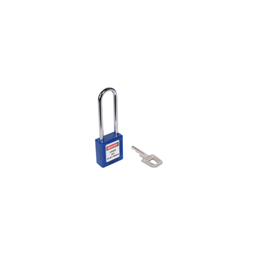 SAFETY LOCKOUT PADLOCK. Chrome Plated Steel LONG Shackle. Color: BLUE.  PD-LQBLKDS76
