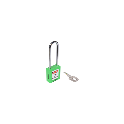 SAFETY LOCKOUT PADLOCK. Chrome Plated Steel LONG Shackle. Color: GREEN.  PD-LQGNKDS76
