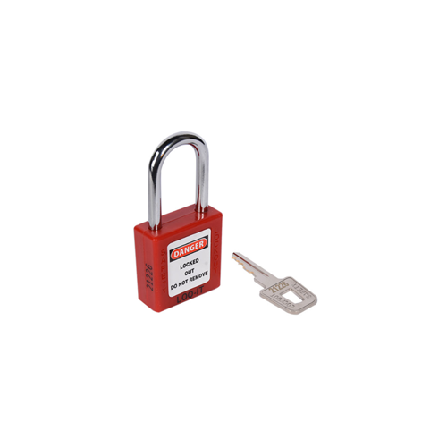 SAFETY LOCKOUT PADLOCK. Chrome Plated Steel REGULAR Shackle. Color: RED.  PD-LQRDKDS38