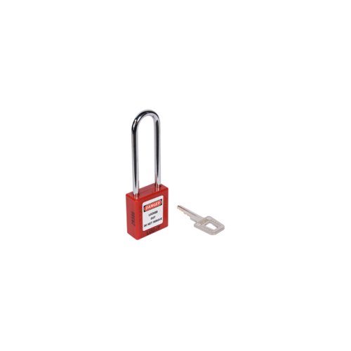 SAFETY LOCKOUT PADLOCK. Chrome Plated Steel LONG Shackle. Color: RED.  PD-LQRDKDS76