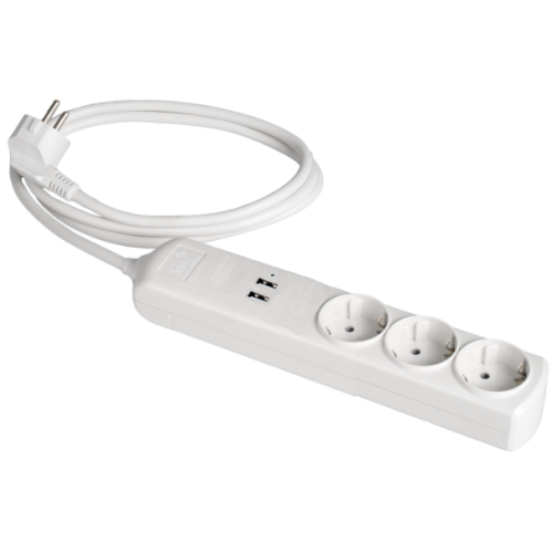 Cable extension with 3 sockets 2P+E, 16A 250V~ + USB 5VDC. 1,5 m of cable. - 8013USB