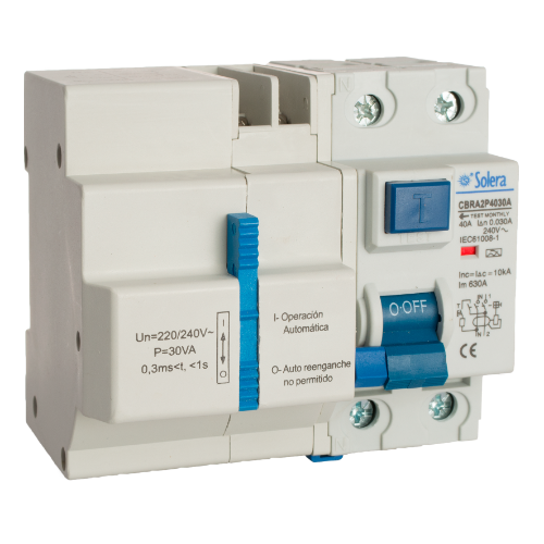 SOLERA Residual current circuit breaker 2P, 40A. Curve A. Sensibility 30 mA. Breaking capacity: 6kA. - CBRA2P4030A