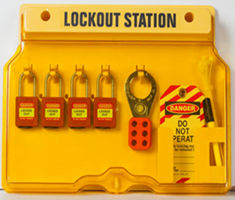 Lockout Station - Polycarbonate w/cover.
4 Red Padlocks + 1 Hasp + 10 Tags + Cable Ties 
+ Marker pen.
Lockable cover. LS-MST04-CS