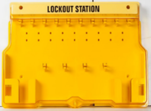 Lockout Station - Polycarbonate w/cover. Capacity: 10 Padlocks Hooks + 4 Hasp Hooks +
2 Tag Pockets for tags + Marker Pen + 
Cable Ties. 
Lockable cover LS-MST10-EB